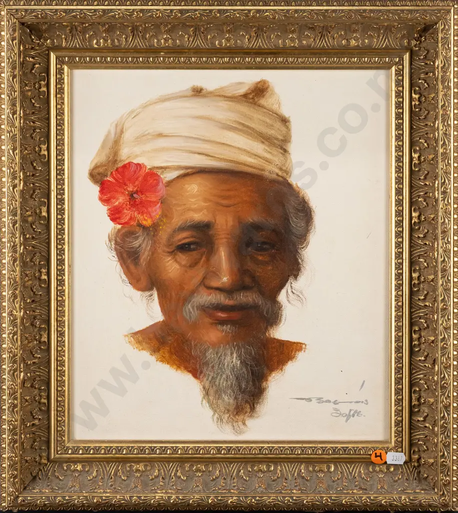 Illegible signature -- framed oil on stretched canvas, portrait of man with hibiscus flower & turban, H-335 W-285 Image 1++