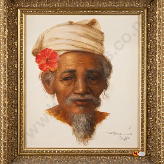 Illegible signature -- framed oil on stretched canvas, portrait of man with hibiscus flower & turban, H-335 W-285