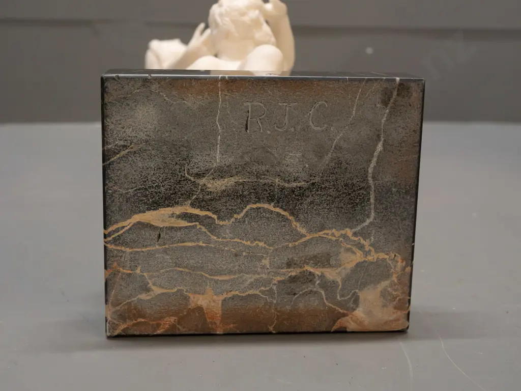composite group of 3 classical style figures on black veined marble base - figure marked G Ruggeri - has had repair to Image 1++