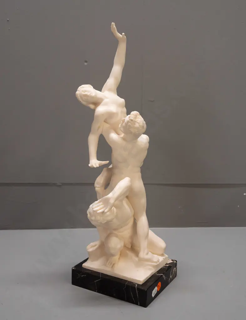 composite group of 3 classical style figures on black veined marble base - figure marked G Ruggeri - has had repair to Image 1++