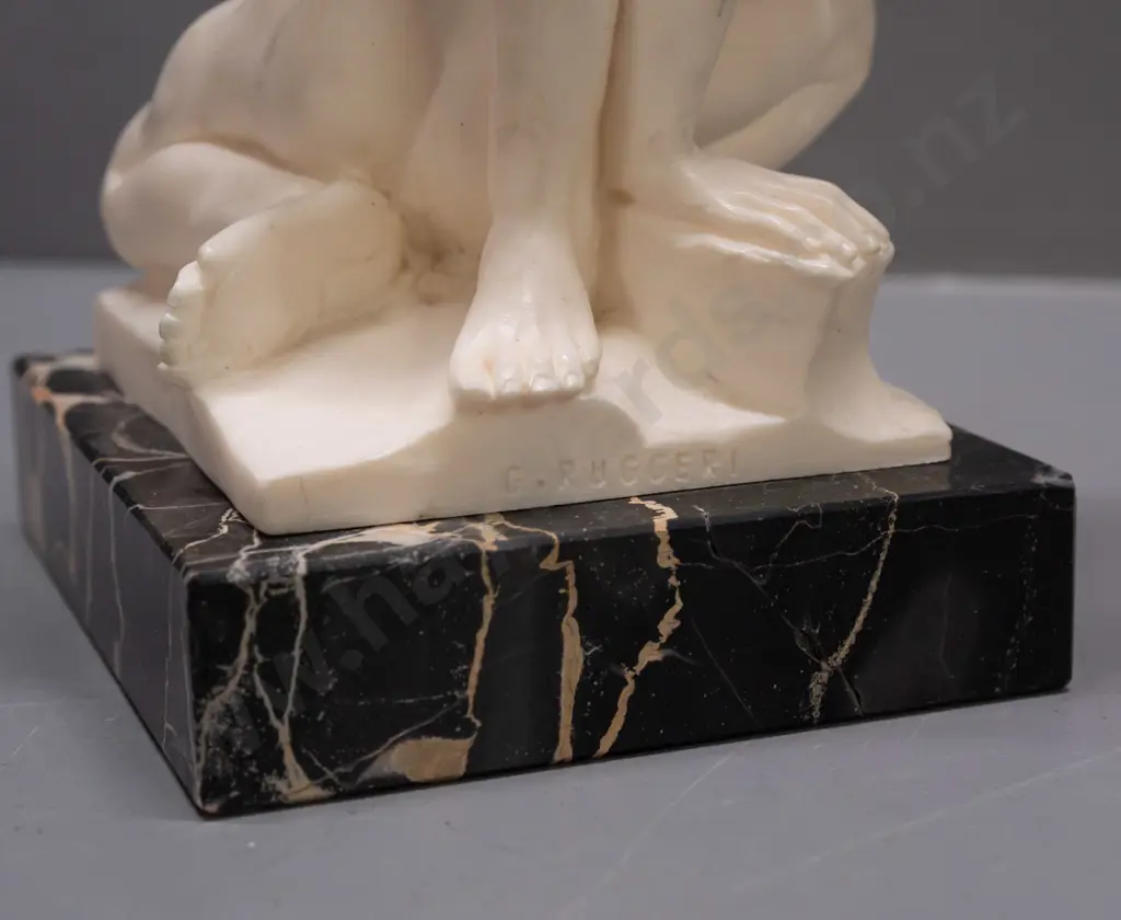 composite group of 3 classical style figures on black veined marble base - figure marked G Ruggeri - has had repair to Image 1++