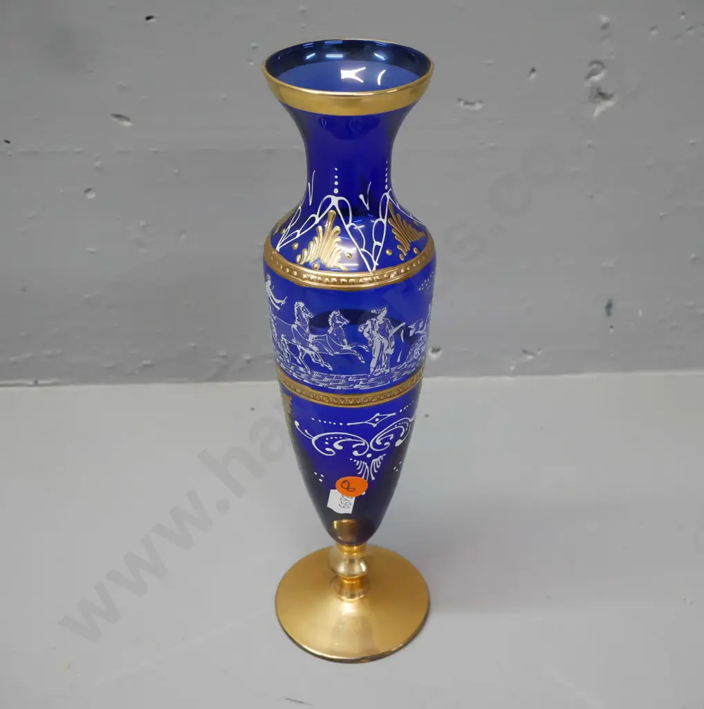 cobalt blue glass vase w/ ornate gilt enamel & classical imagery H-280 Image 1++