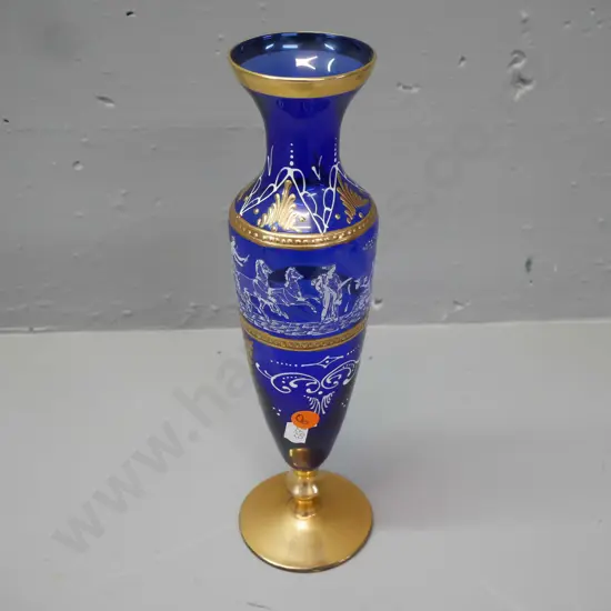 cobalt blue glass vase w/ ornate gilt enamel & classical imagery H-280