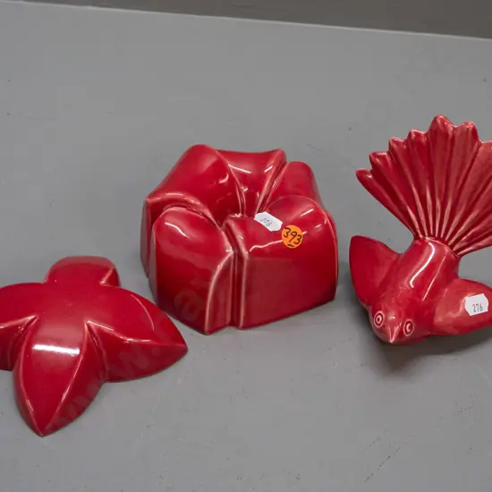 3 Bob Steiner studio pottery ornaments - fantail, flower bud and 4-point star shaped piece.