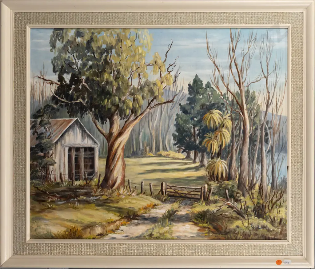 Peg Ward - framed oil on board - shed and trees H500 W600 Image 1++