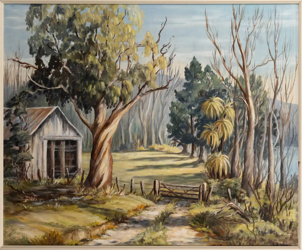Peg Ward - framed oil on board - shed and trees H500 W600 Image 1++