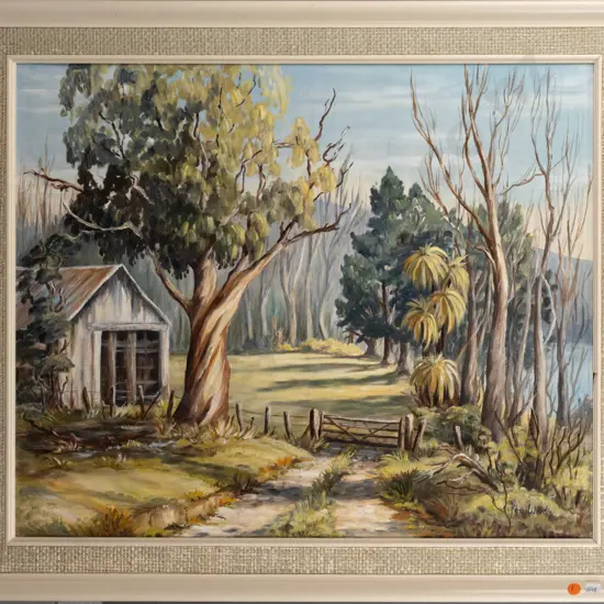 Peg Ward - framed oil on board - shed and trees H500 W600