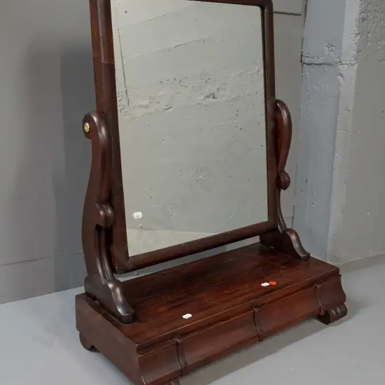 antique William IV mahogany dressing table mirror with concave shaped drawers, on 4 moulded feet, some staining to top