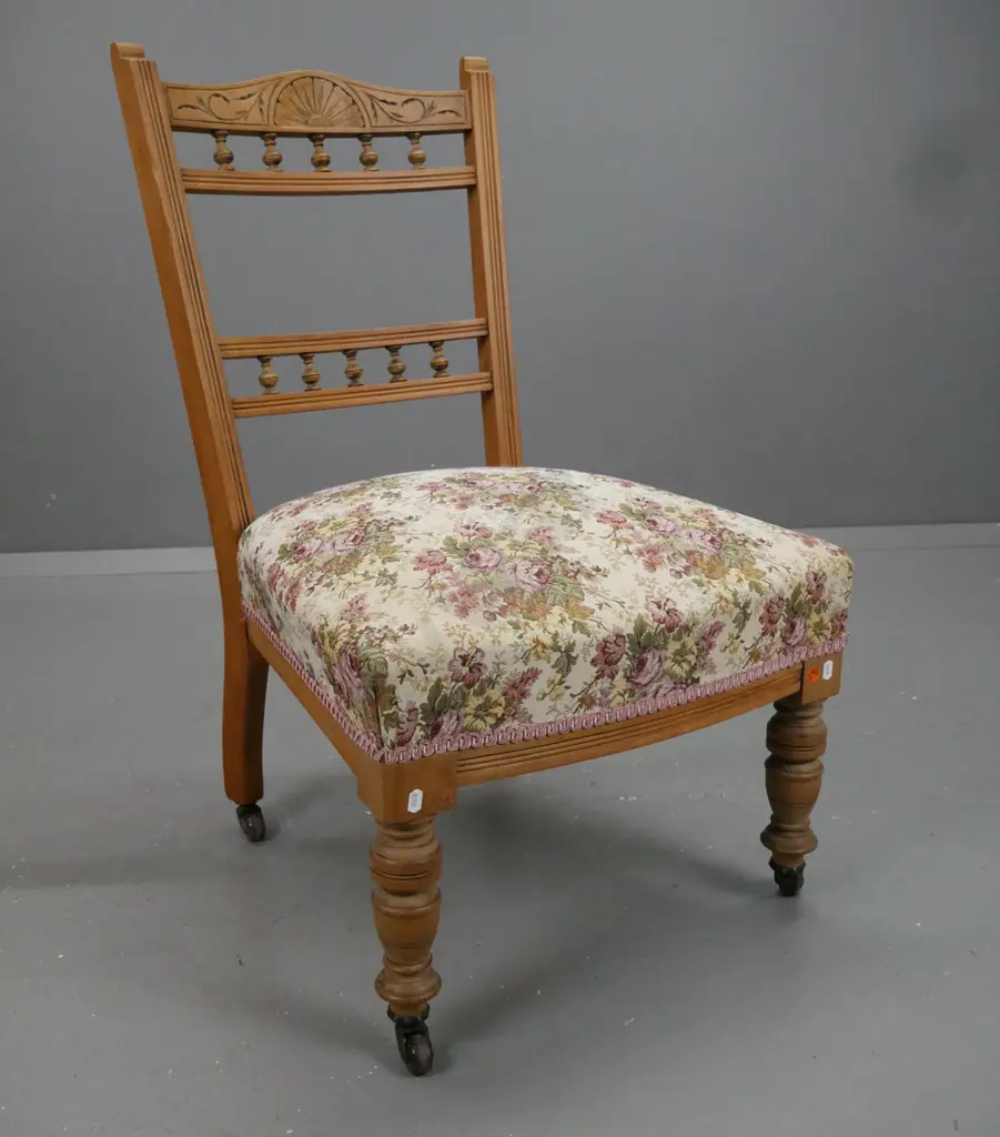 kauri and rimu colonial bedroom chair, turned gallery to back, reeded back supports, floral upholstered Image 1++