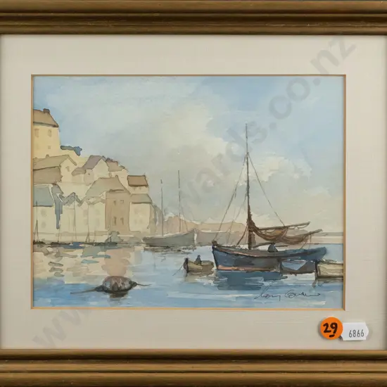 Illegible signature -- framed watercolour, harbour scene, H-145 W-195