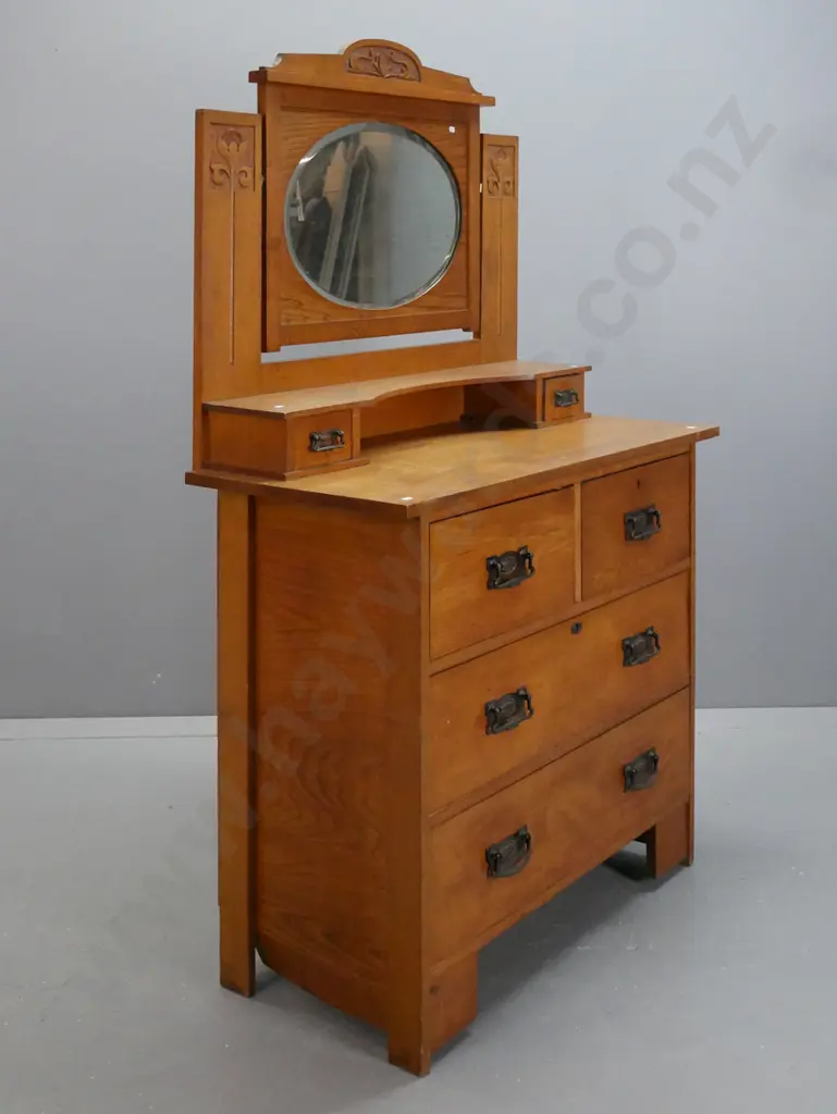 vintage oak art nouveau dresser with oval bevelled edge mirror in rectangular frame, carved uprights, 2 small & 4 large Image 1++