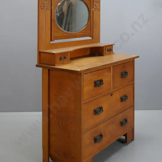 vintage oak art nouveau dresser with oval bevelled edge mirror in rectangular frame, carved uprights, 2 small & 4 large