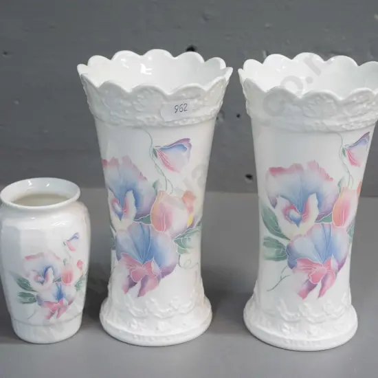 3 Aynsley "Little Sweetheart" pattern vases - larger pair with frilled rim H-160 (one has small chip to base)