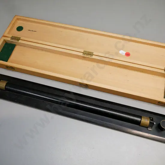 vintage brass rolling ruler, WH Harling Ltd London, w/ original box. Box L-480 [box missing piece from one end, some