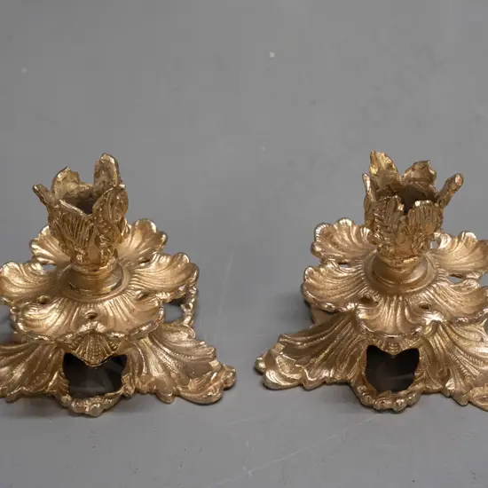 pair of small cast alloy gold finish foliate shape candle holders H-70 W-90