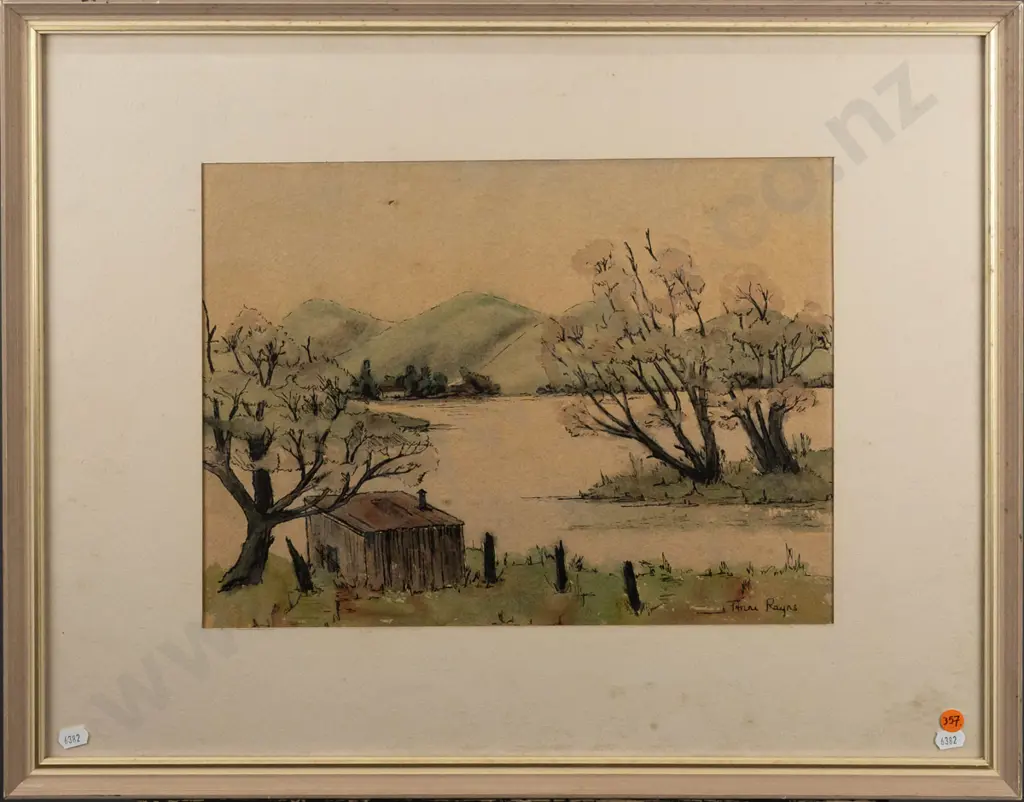 Anne Rayns - vintage framed watercolour - "Lake Waihola" - underside of glass needs cleaning H-280 W-380 Image 1++
