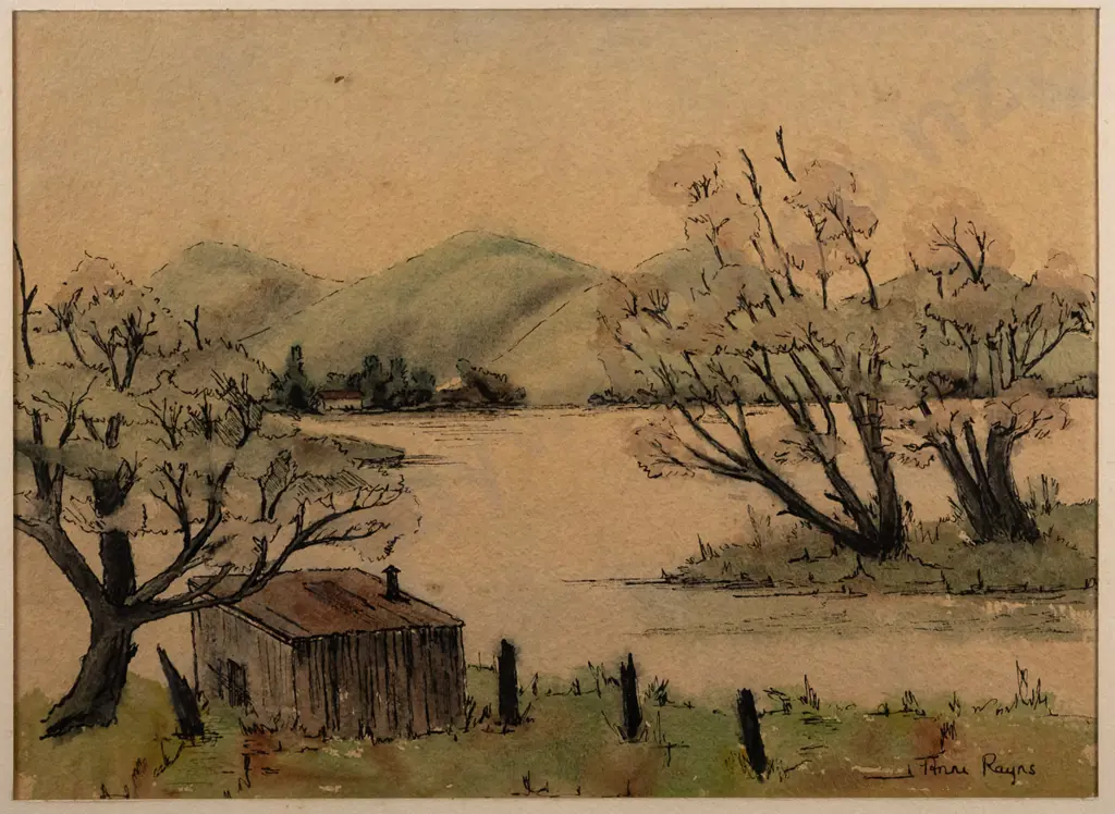 Anne Rayns - vintage framed watercolour - "Lake Waihola" - underside of glass needs cleaning H-280 W-380 Image 1++
