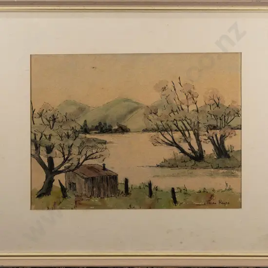Anne Rayns - vintage framed watercolour - "Lake Waihola" - underside of glass needs cleaning H-280 W-380