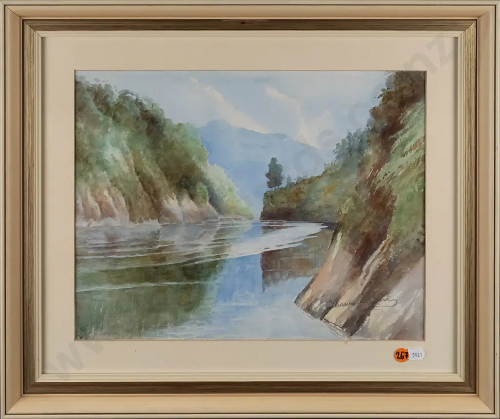 Maurice Waring(?) -- framed watercolour on paper, landscape with river, H-265 W-340 [v light foxing to mat] Image 1++