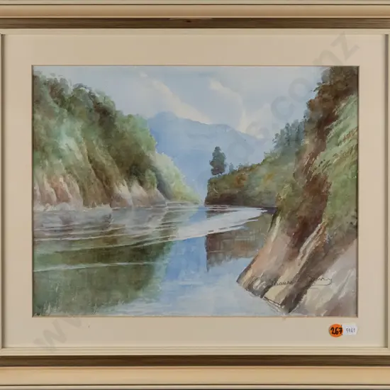 Maurice Waring(?) -- framed watercolour on paper, landscape with river, H-265 W-340 [v light foxing to mat]