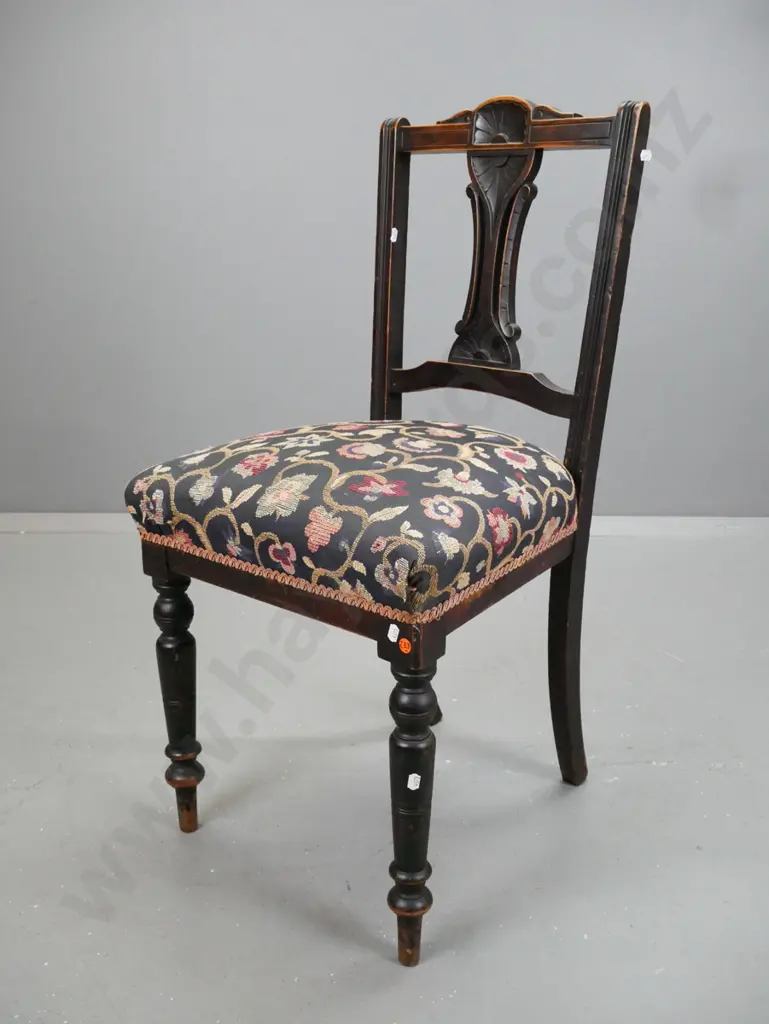 Edwardian mixed timbers bedroom chair, piereced carved back splt, reeded uprights, turned legs, Image 1++