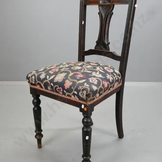 Edwardian mixed timbers bedroom chair, piereced carved back splt, reeded uprights, turned legs,