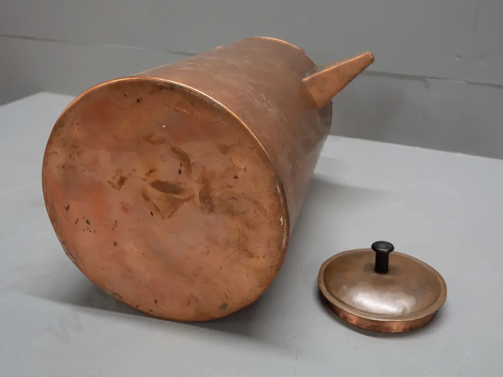 vintage large copper (plated?) jug with plated lid, brass fixed top handle, circular hole repair on side Image 1++