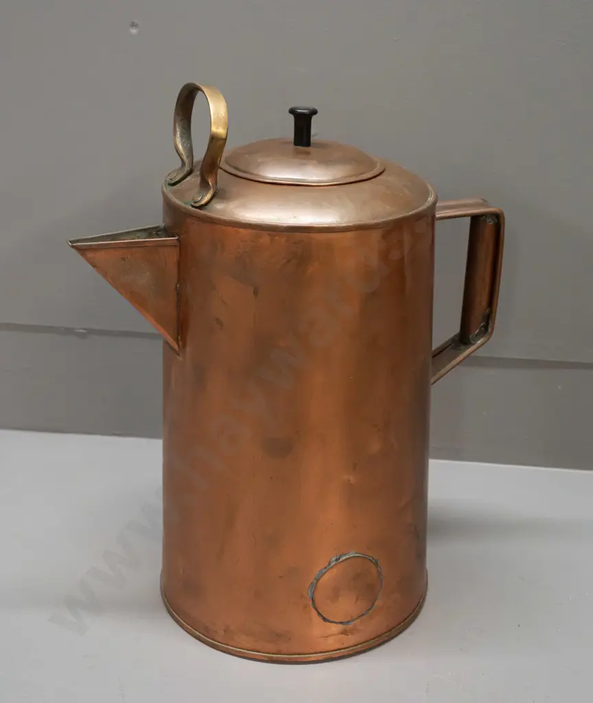 vintage large copper (plated?) jug with plated lid, brass fixed top handle, circular hole repair on side Image 1++