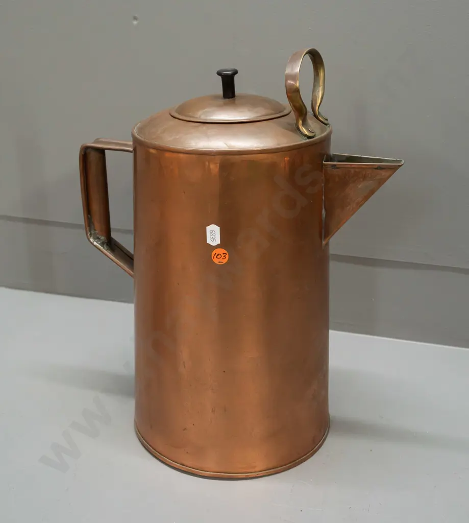 vintage large copper (plated?) jug with plated lid, brass fixed top handle, circular hole repair on side Image 1++