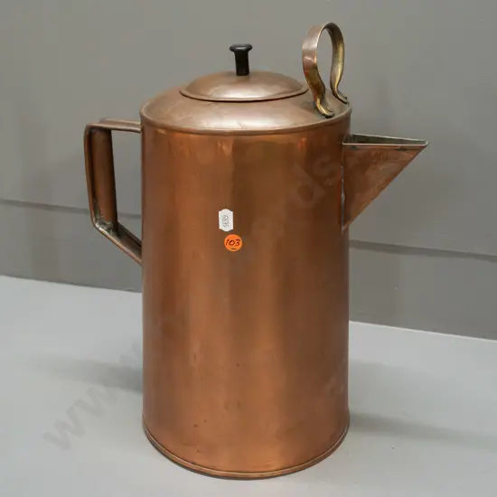 vintage large copper (plated?) jug with plated lid, brass fixed top handle, circular hole repair on side