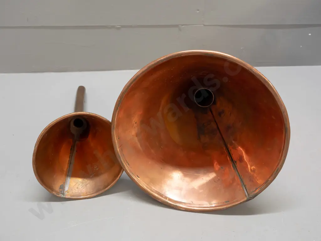 2 vintage copper funnels - some denting and age wear - larger is H-420 Diamater 240 Image 1++