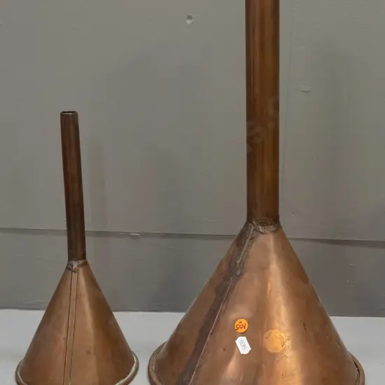 2 vintage copper funnels - some denting and age wear - larger is H-420 Diamater 240