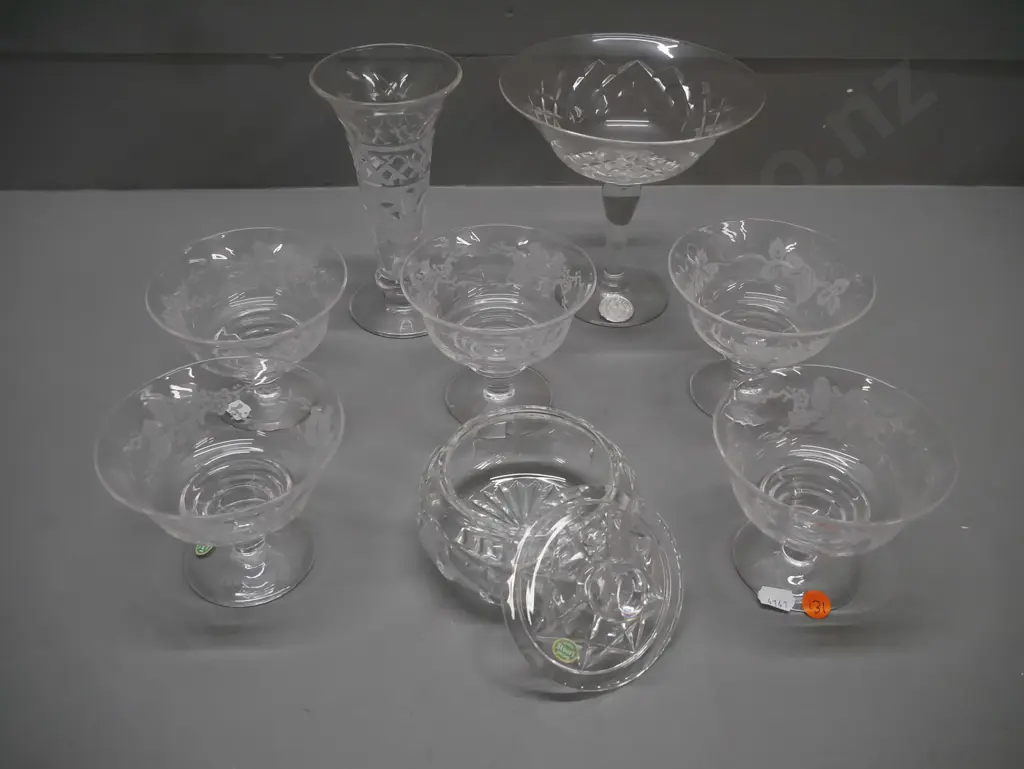 numerous crystal items incl. 5x Stuart Crystal dessert bowls, Stuart Crystal covered candy dish, Webb Corbett compote. Image 1++
