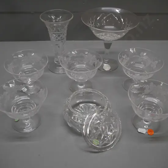 numerous crystal items incl. 5x Stuart Crystal dessert bowls, Stuart Crystal covered candy dish, Webb Corbett compote.