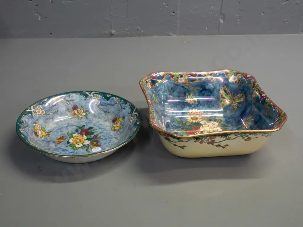 2 Grimwades Byzanta Ware serving bowls - square w/ gilt rim has minor crazing H-90 240 x 240 circular dish has crazing Image 1++