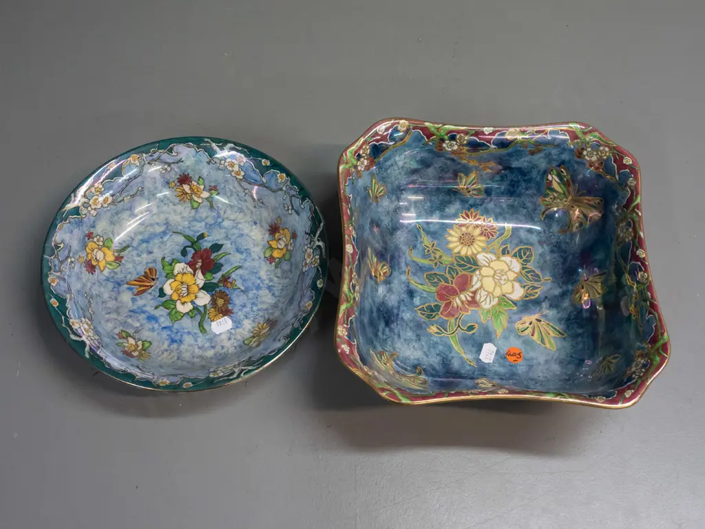 2 Grimwades Byzanta Ware serving bowls - square w/ gilt rim has minor crazing H-90 240 x 240 circular dish has crazing Image 1++