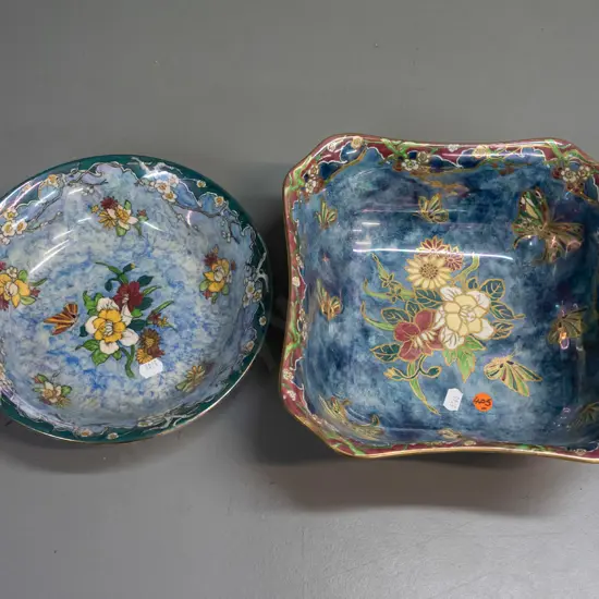 2 Grimwades Byzanta Ware serving bowls - square w/ gilt rim has minor crazing H-90 240 x 240 circular dish has crazing