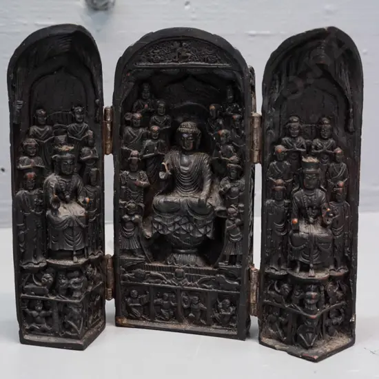 small composite hinged fold-out 3-section Buddhist shrine H-170