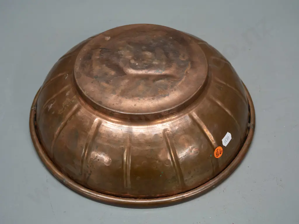vintage copper bowl with ribbed and hand-beaten dot pattern and rolled top rim, stepped base, no maker's marks - some Image 1++
