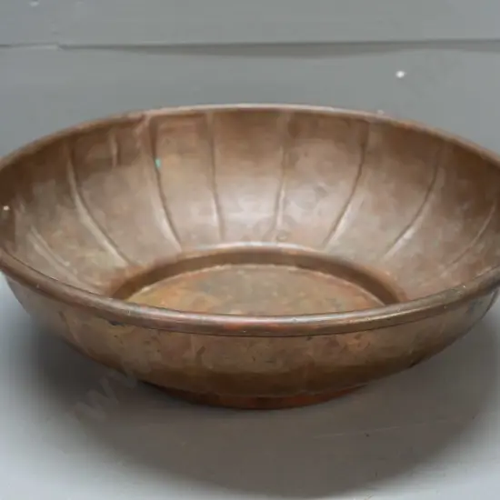 vintage copper bowl with ribbed and hand-beaten dot pattern and rolled top rim, stepped base, no maker's marks - some