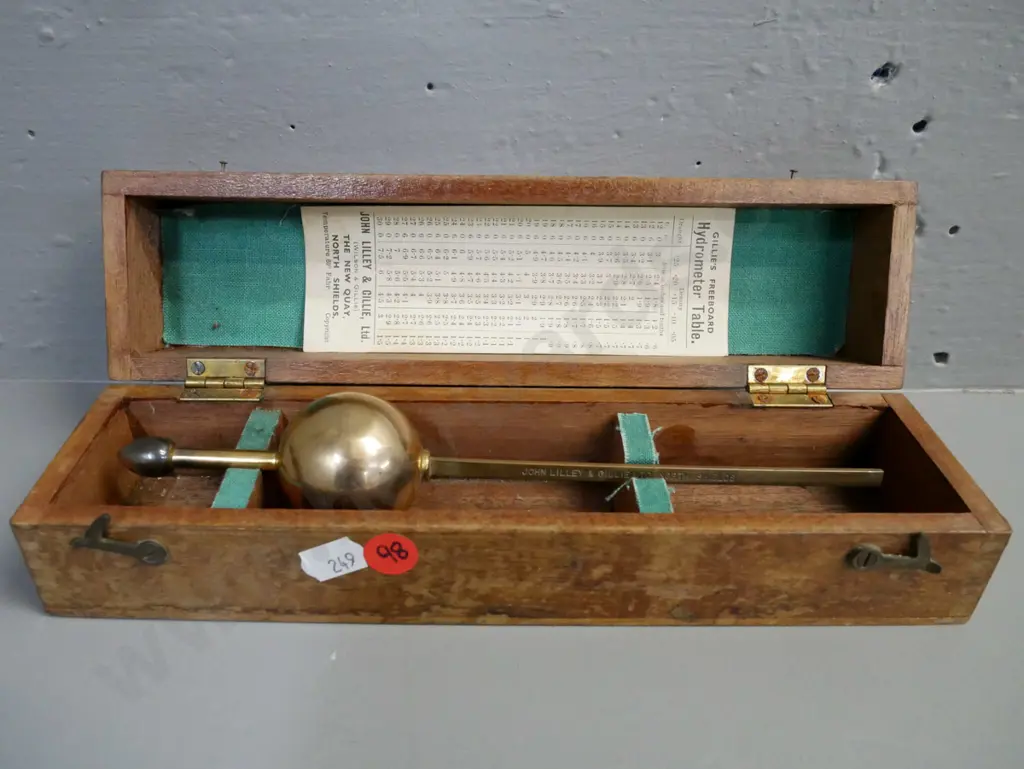 brass hydrometer John Lilley & Gillie Ltd North Shields w/ original box & hydrometer table card. Box L-255 [some dents Image 1++
