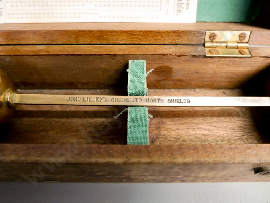 brass hydrometer John Lilley & Gillie Ltd North Shields w/ original box & hydrometer table card. Box L-255 [some dents Image 1++