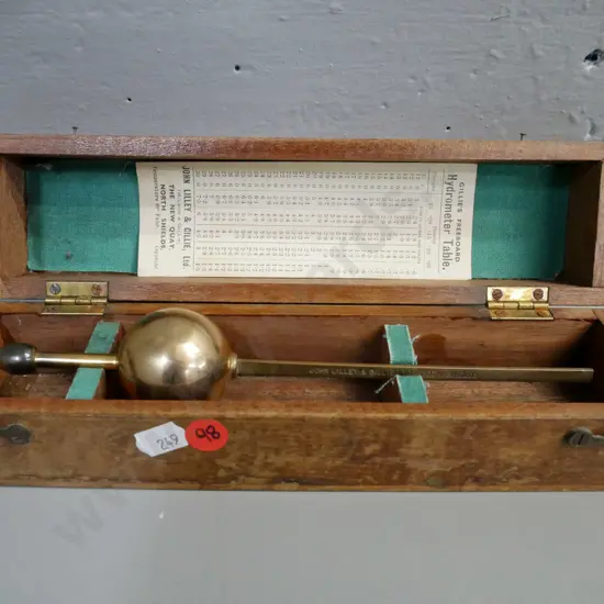 brass hydrometer John Lilley & Gillie Ltd North Shields w/ original box & hydrometer table card. Box L-255 [some dents