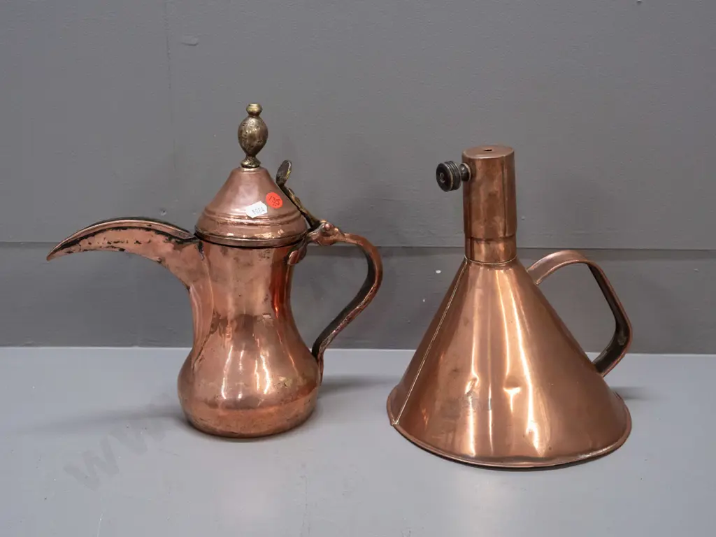 2 polished copper vessels - Turkish coffee pot with brass hinge and a kettle made from a funnel with a spout cap with Image 1++