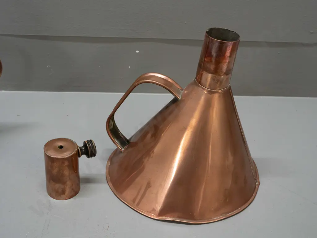 2 polished copper vessels - Turkish coffee pot with brass hinge and a kettle made from a funnel with a spout cap with Image 1++