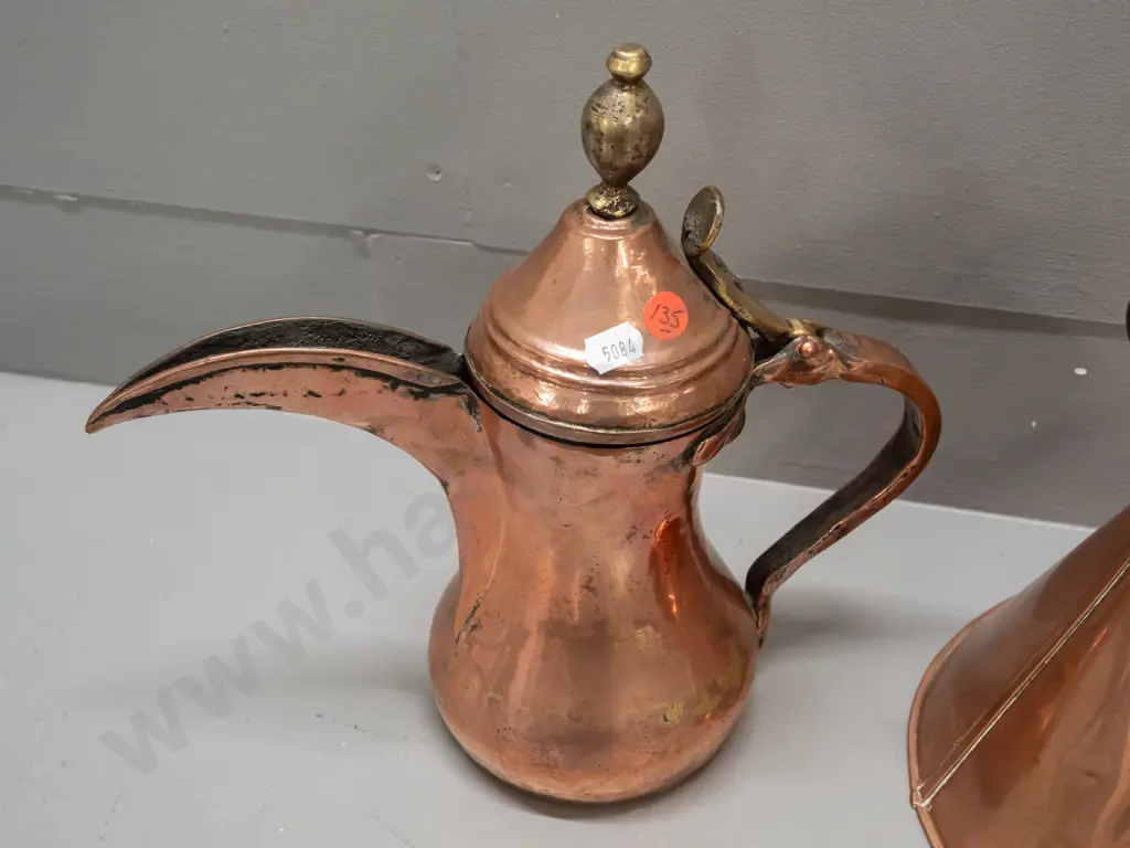 2 polished copper vessels - Turkish coffee pot with brass hinge and a kettle made from a funnel with a spout cap with Image 1++