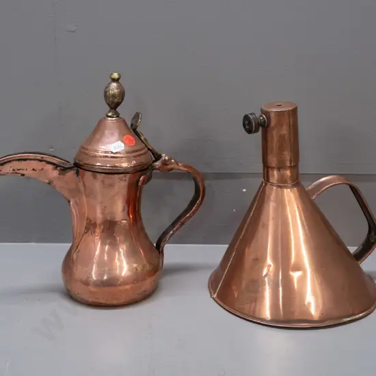 2 polished copper vessels - Turkish coffee pot with brass hinge and a kettle made from a funnel with a spout cap with