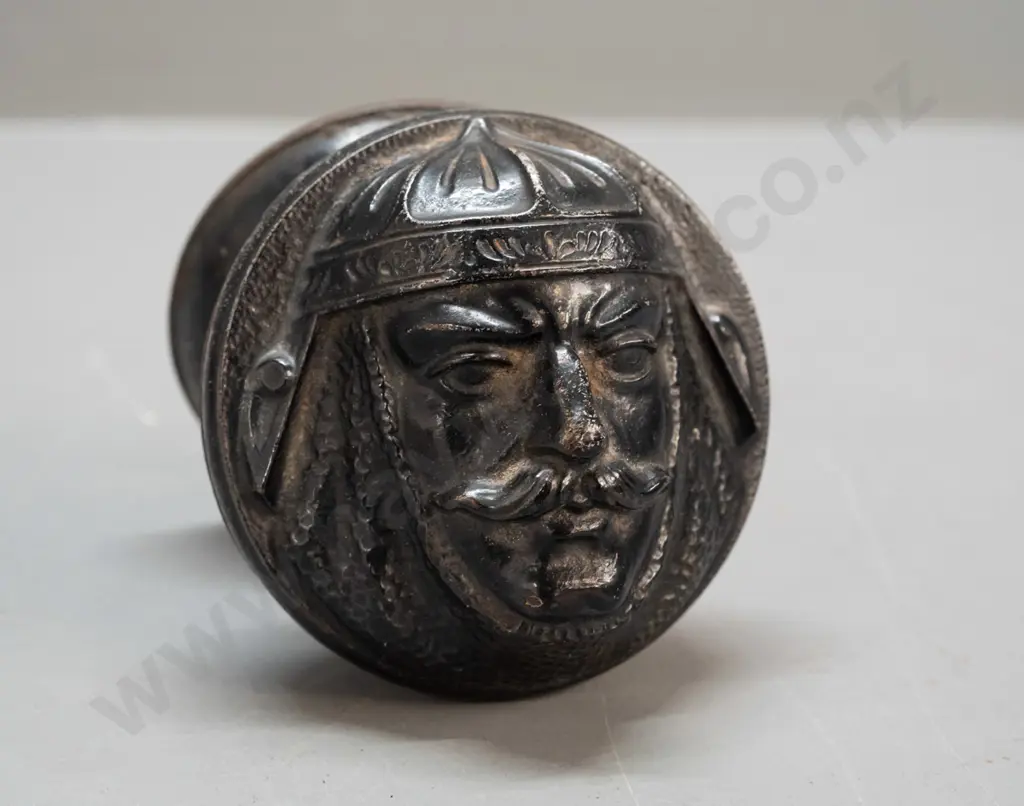 vintage heavy cast metal centre door knob with helmeted knight's face, marked USA - diameter 90 Image 1++