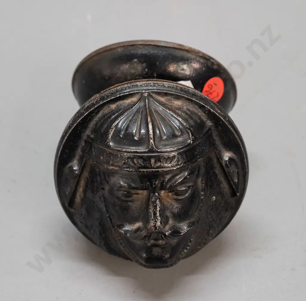 vintage heavy cast metal centre door knob with helmeted knight's face, marked USA - diameter 90 Image 1++