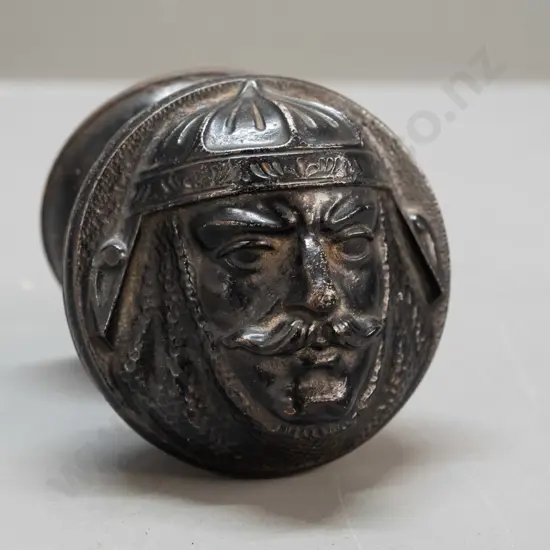 vintage heavy cast metal centre door knob with helmeted knight's face, marked USA - diameter 90